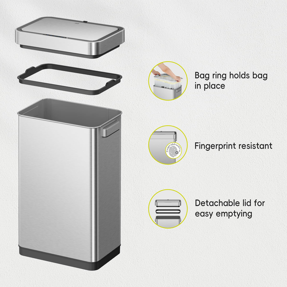 EKO Deluxe Mirage-T Touchless Trash Can, 50L, Matte Stainless Steel