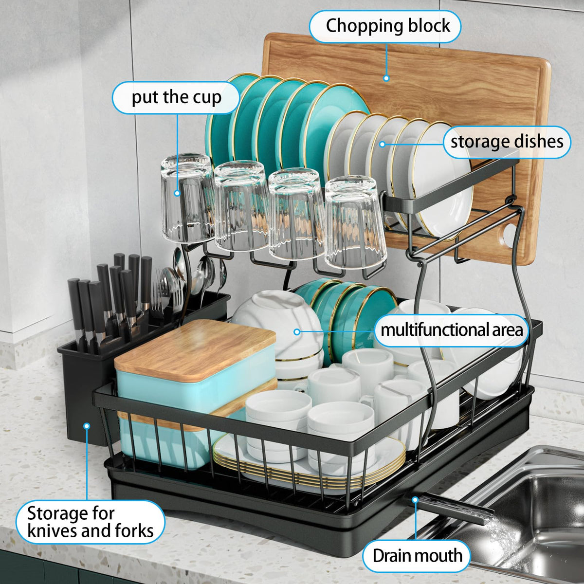 7 Code 2-Tier Large Dish Drying Rack with Drain Board, Black