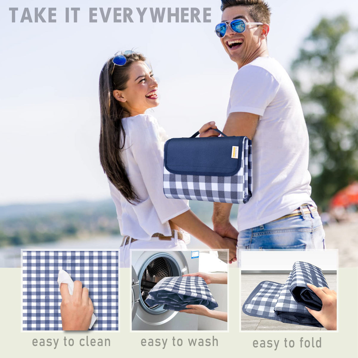 SAMSIER Waterproof Picnic Blanket, 80 x 80 in, Navy Blue