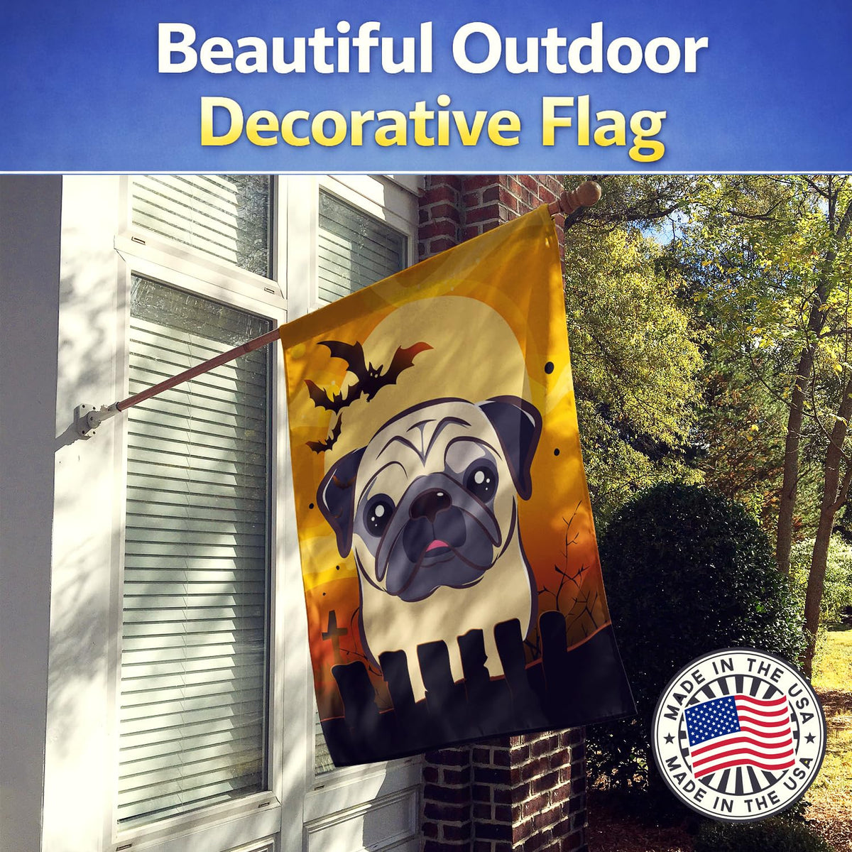 Caroline's Treasures Halloween Fawn Pug House Flag, Large