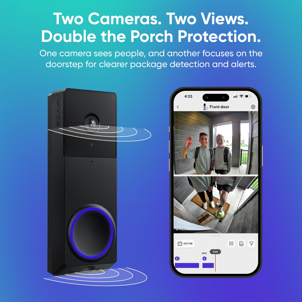 Wyze Duo Cam Doorbell, Battery Powered, 2K, Black
