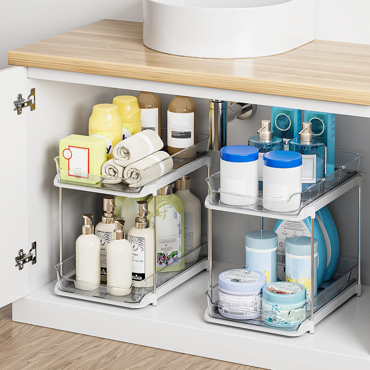 Delamu 2-Tier Under Sink Organizer with Dividers, White, 2 Pack