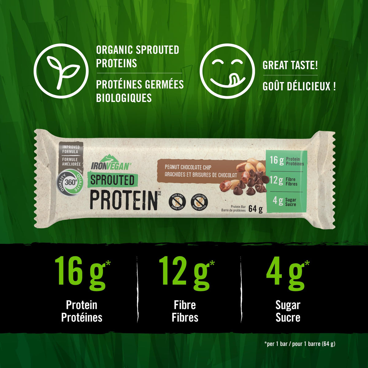 Iron Vegan Sprouted Protein Bars, Peanut Chocolate Chip, 12 Pack