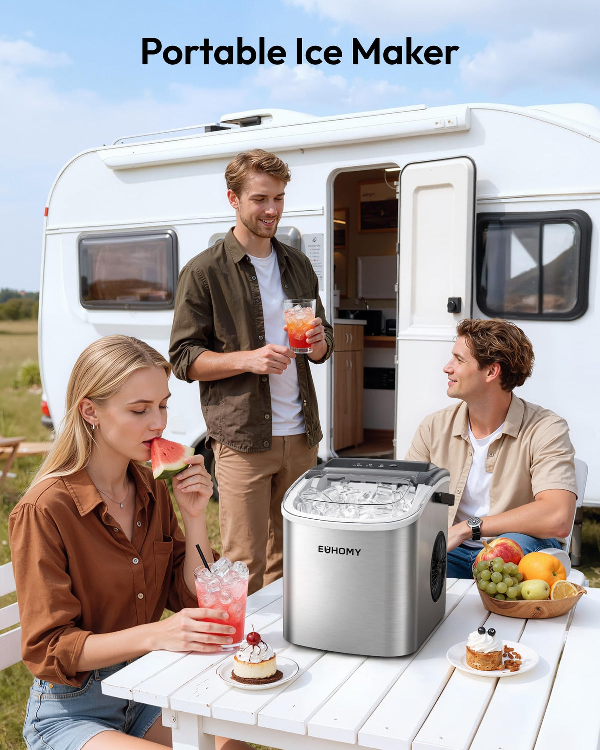 Euhomy Countertop Ice Maker with Handle, 26lbs Per Day, Silver