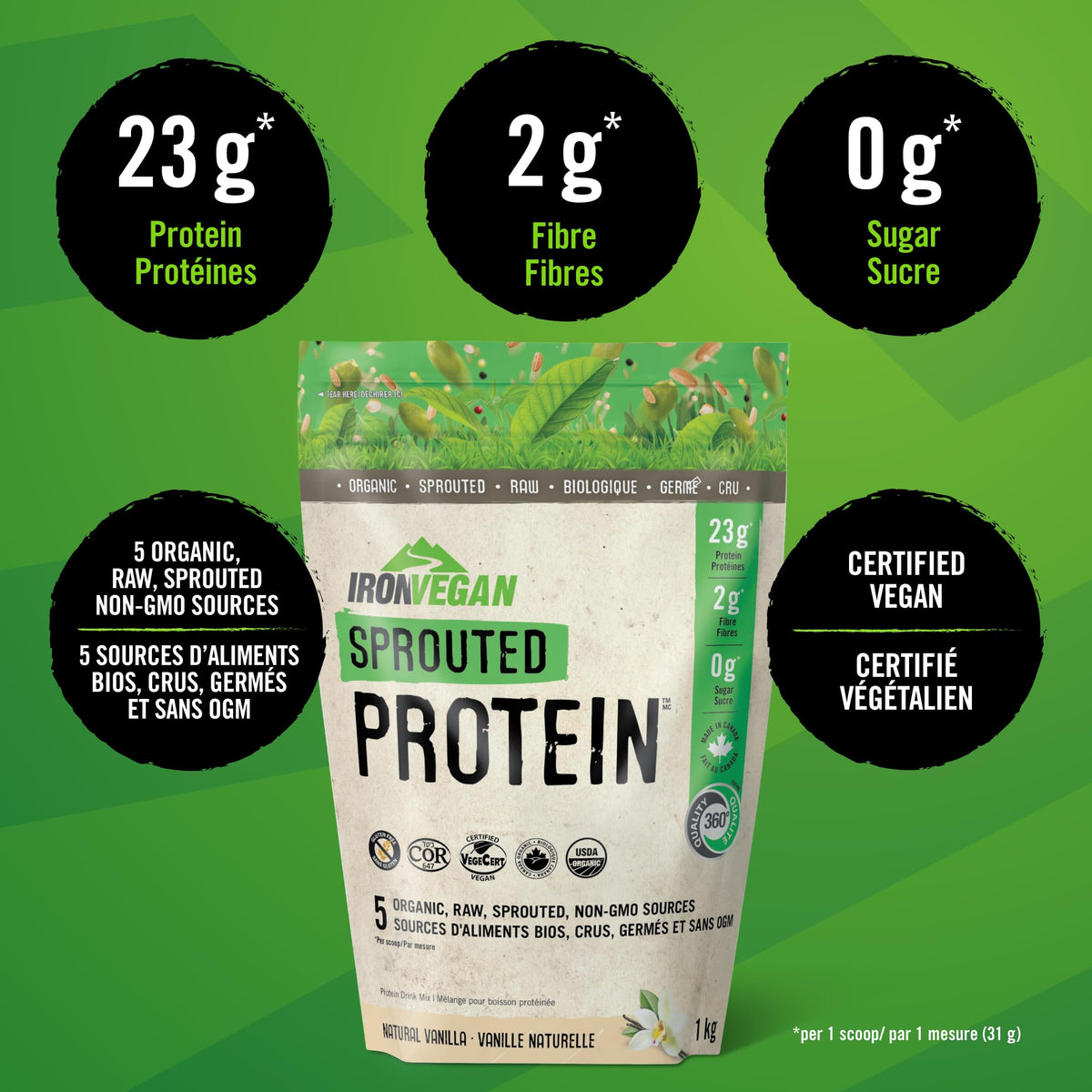 Iron Vegan Sprouted Protein, French Vanilla, 1kg