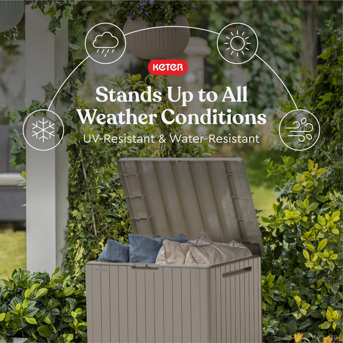Keter City 30 Gallon Resin Outdoor Storage Box and Side Table, Beige