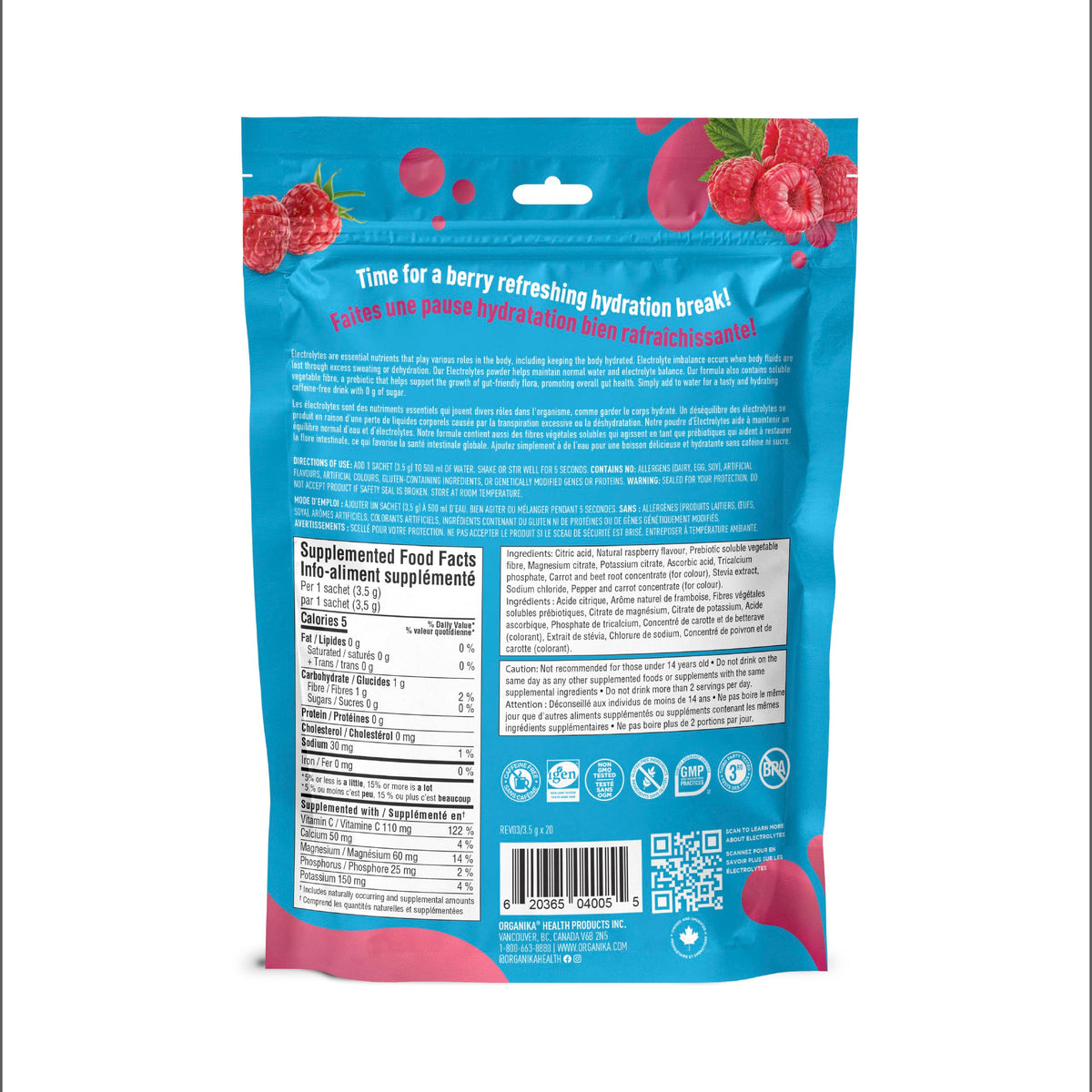 Organika Electrolytes Powder, Wild Raspberry, 20 Sachets