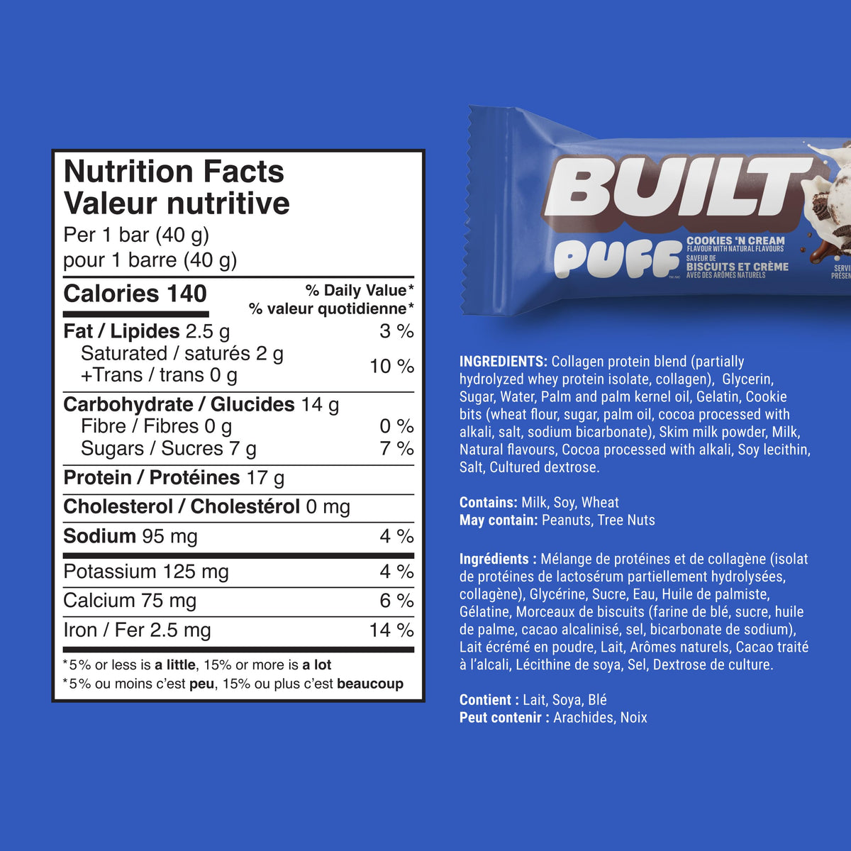 BUILT Puff Protein Bars, Cookies 'N Cream, 12 Count