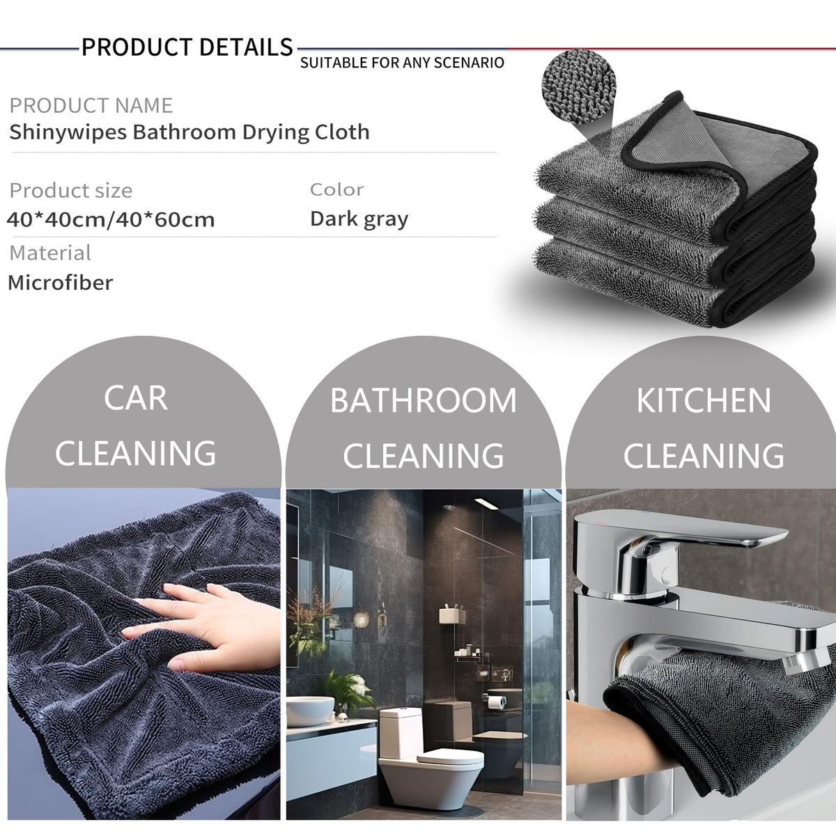 JJundiles Microfibre Shower & Car Cleaning Cloths, 40 x 40 cm, 3-Pack