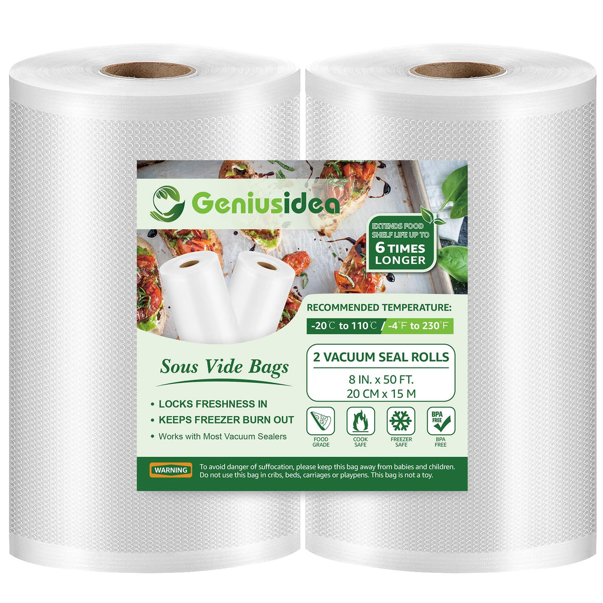Geniusidea Vacuum Sealer Bag Rolls, 8 in x 50 ft, 2-Pack
