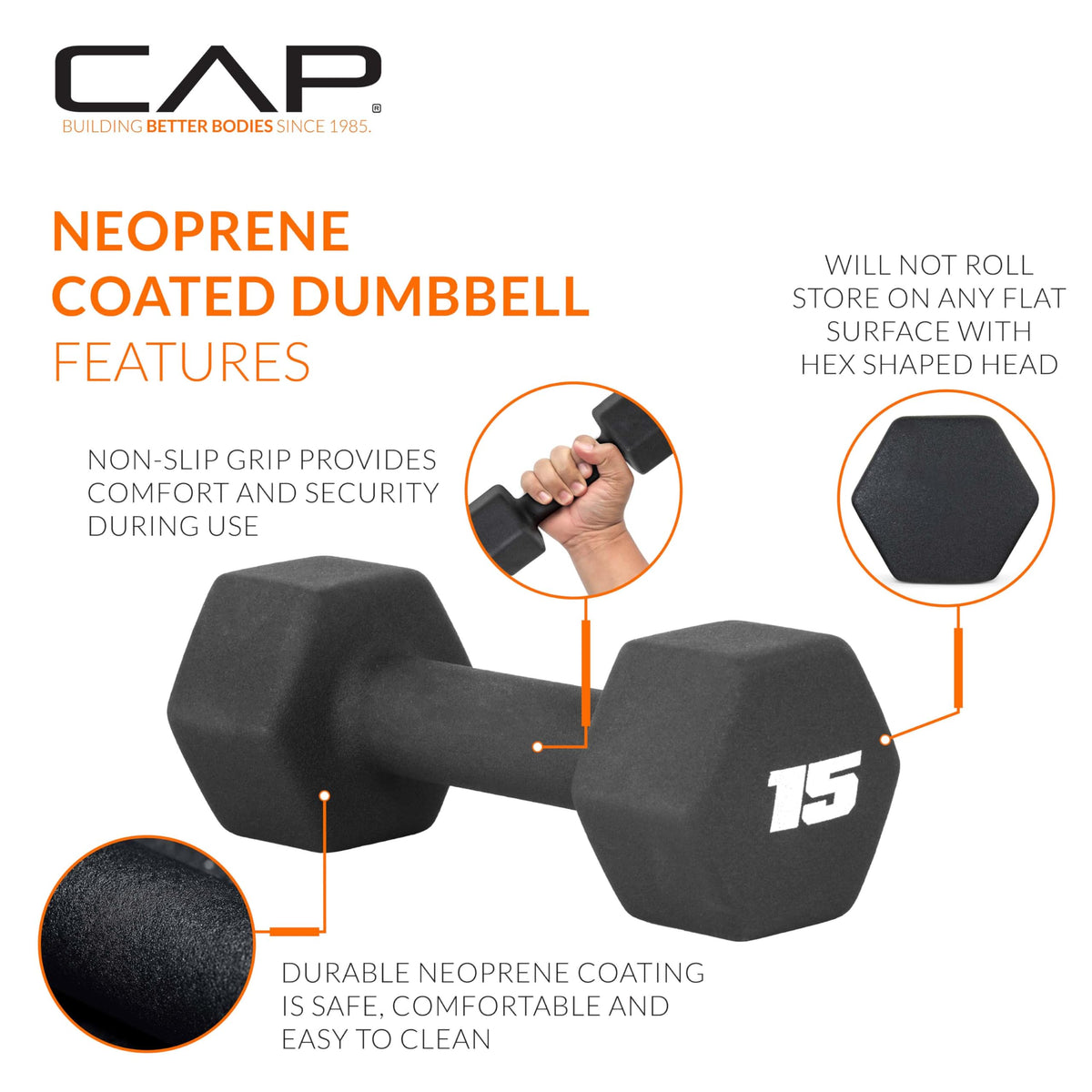 CAP Barbell Neoprene Dumbbell Weights, 15 lb Pair, Black
