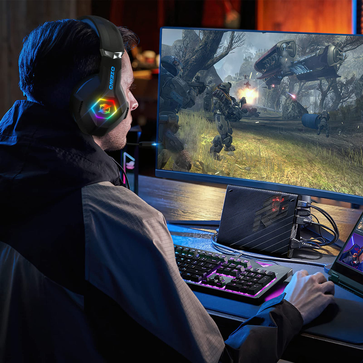 Ozeino Gaming Headset with Mic and RGB Lights, Blue