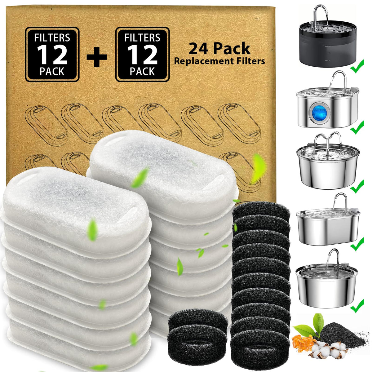 Cat Water Fountain Replacement Filters for 3.2 L & 2 L (24 Pack)