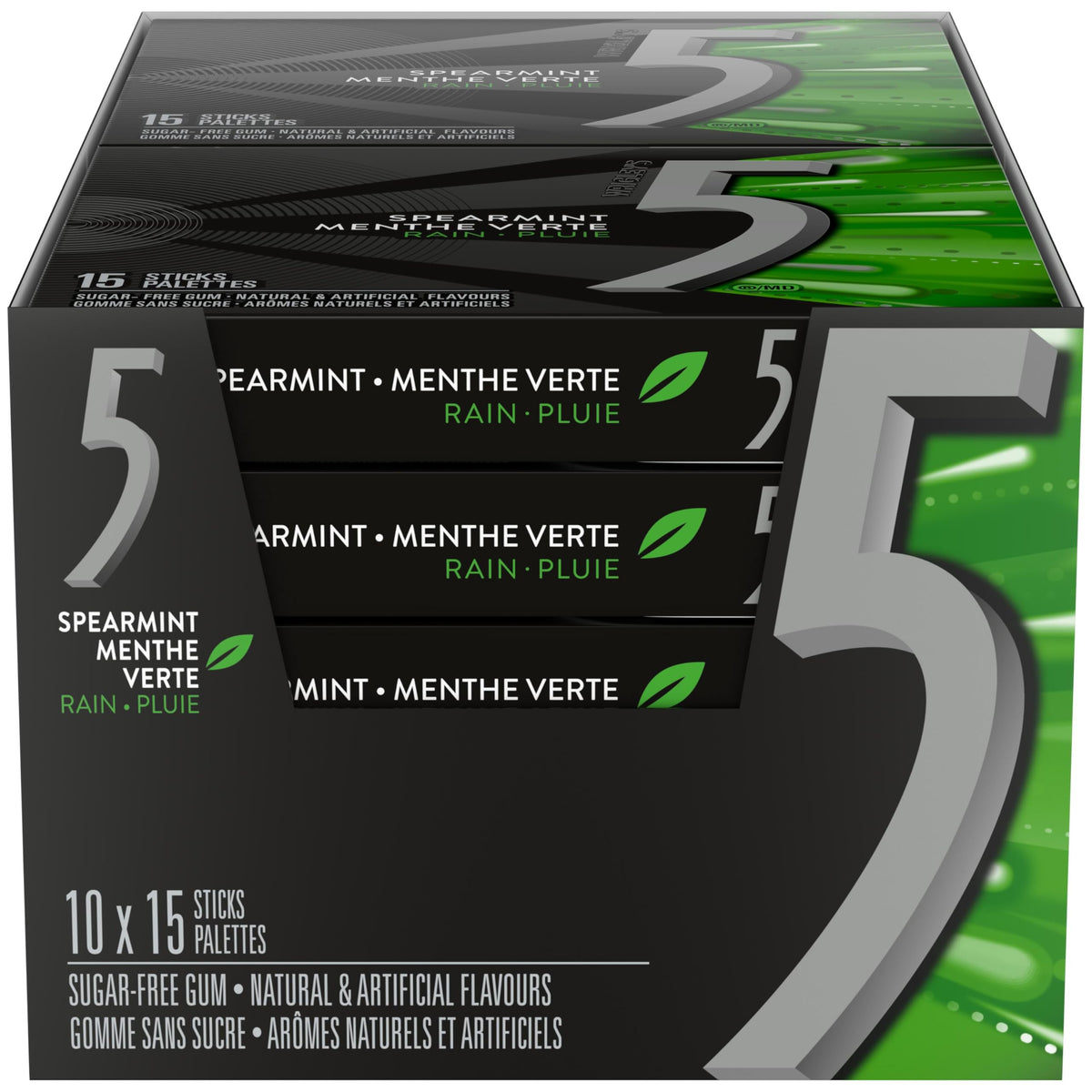 5 Gum Spearmint-Rain Sugar Free Chewing Gum, 15 Sticks, 10 Packs