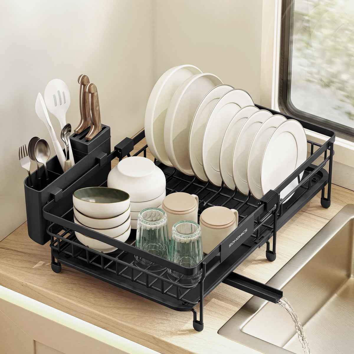 SONGMICS Extendable Dish Drainer Rack, 46.5 x 29.6 x 14 cm, KCS556BH01