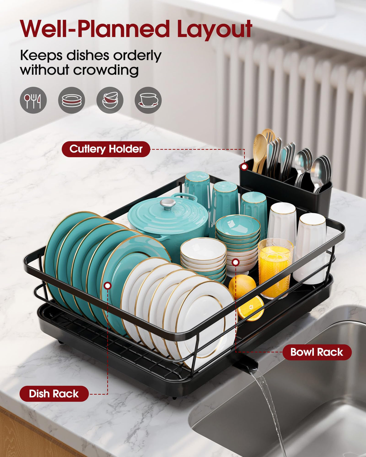 Sakugi Stainless Steel Dish Drying Rack with Drain Board, Black, Large