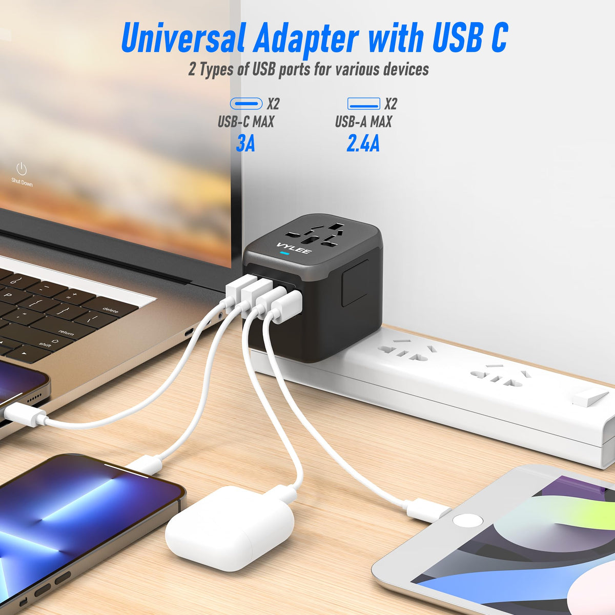 VYLEE 5-in-1 Universal Travel Plug Adapter, 2 USB-A, 2 USB C, Grey