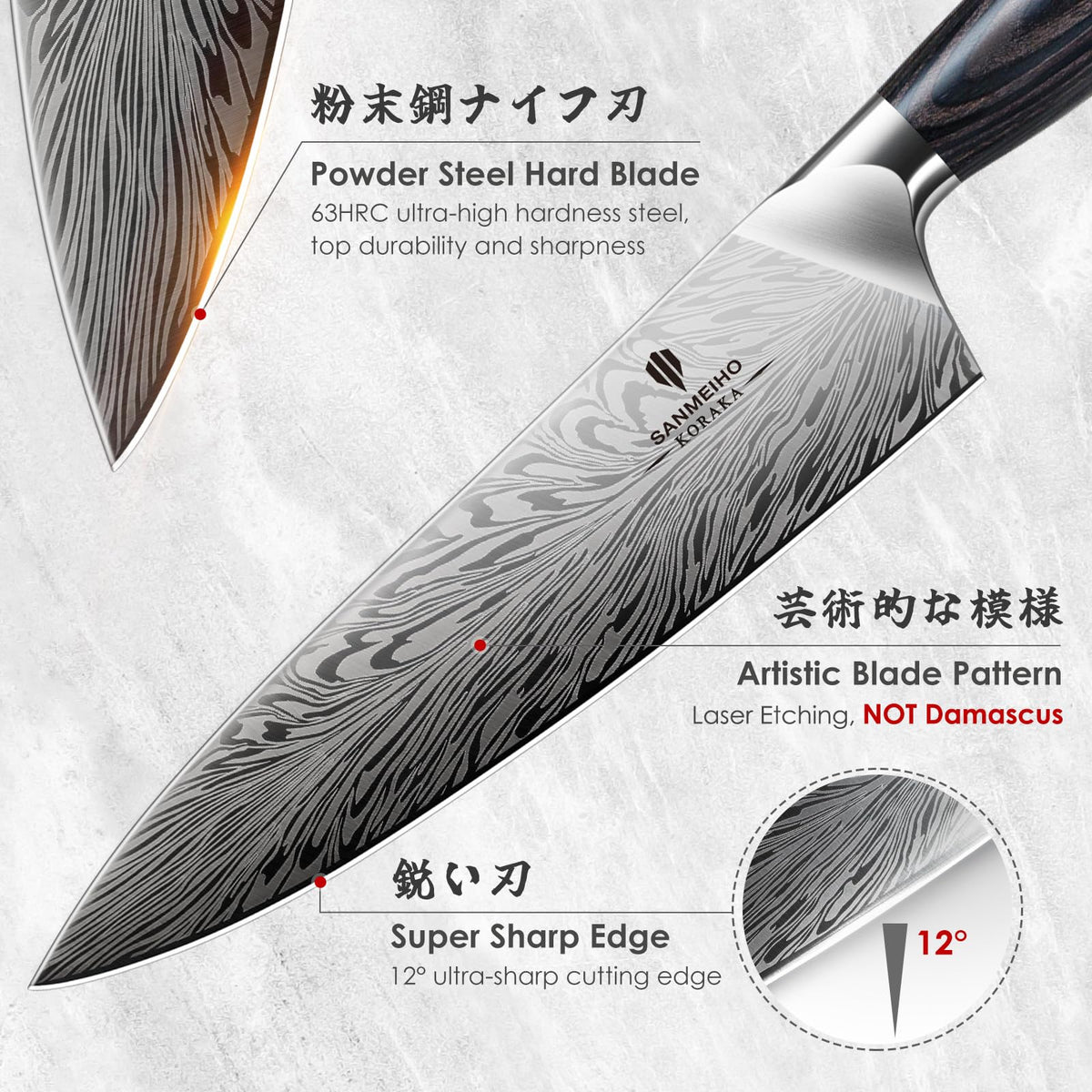 Sanmeiho Powder Steel Japanese Chef Knife, 8 in