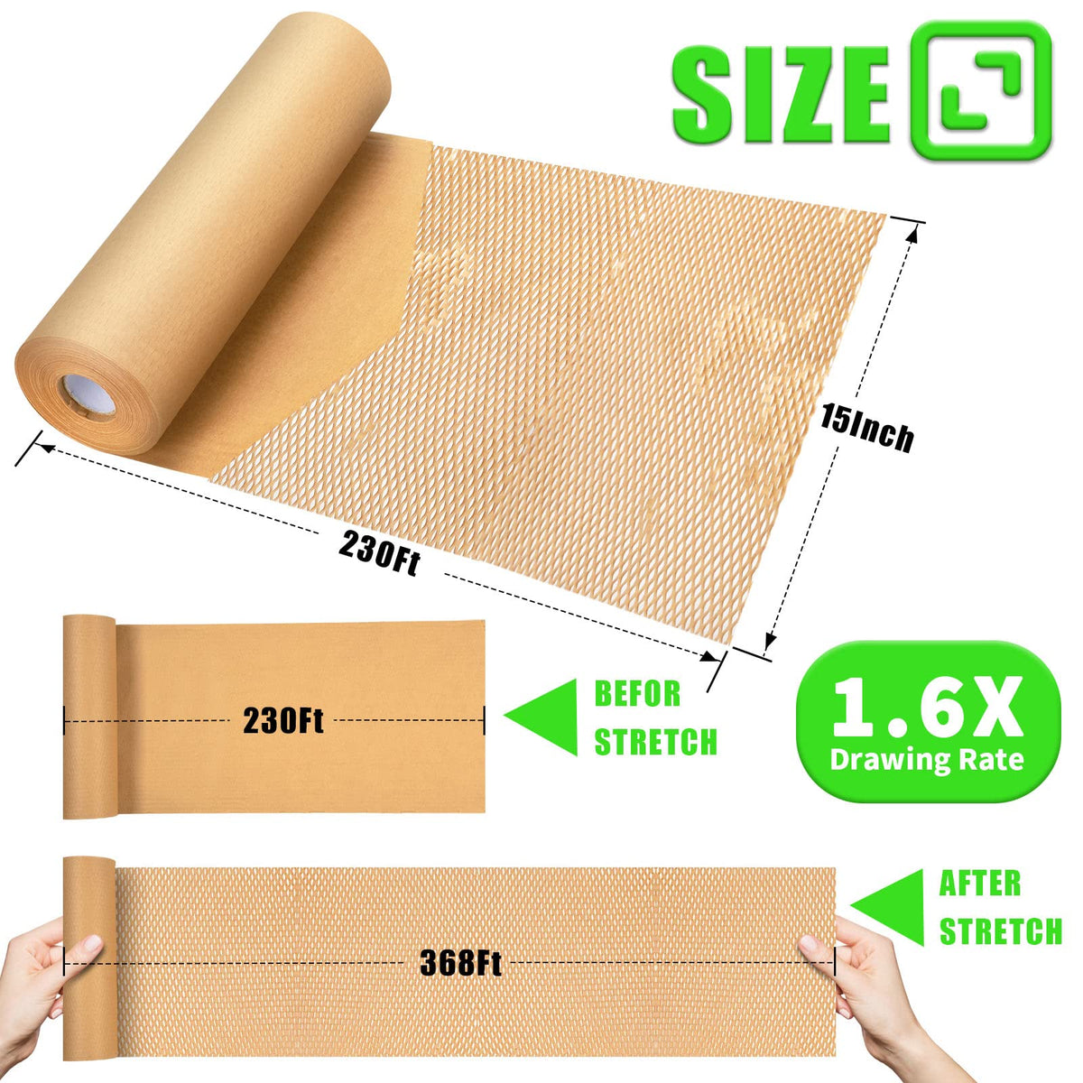 MINHAO Honeycomb Packing Paper Roll, 15" x 230 ft
