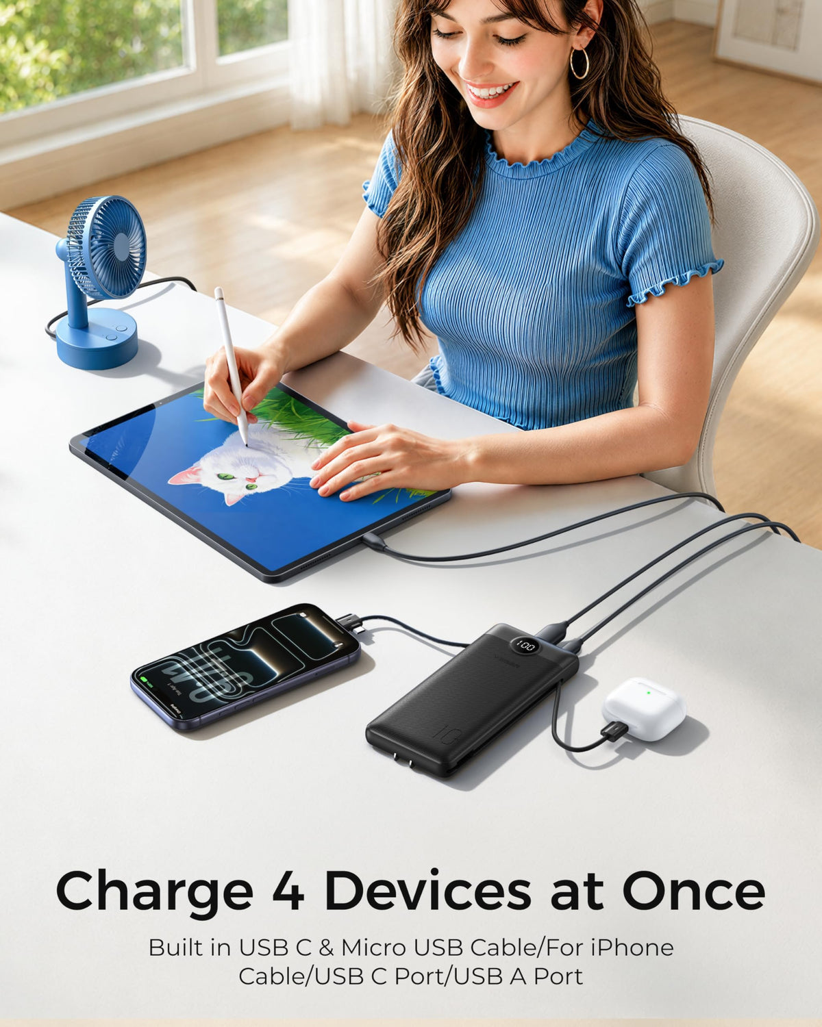 VEGER Portable Charger with Built-in Cables, 10000mAh, Black