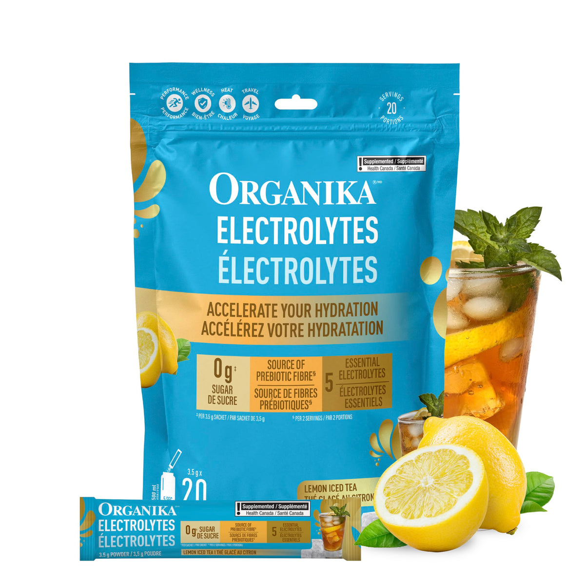 Organika Electrolytes Powder, Lemon Iced Tea, 20 Sachets