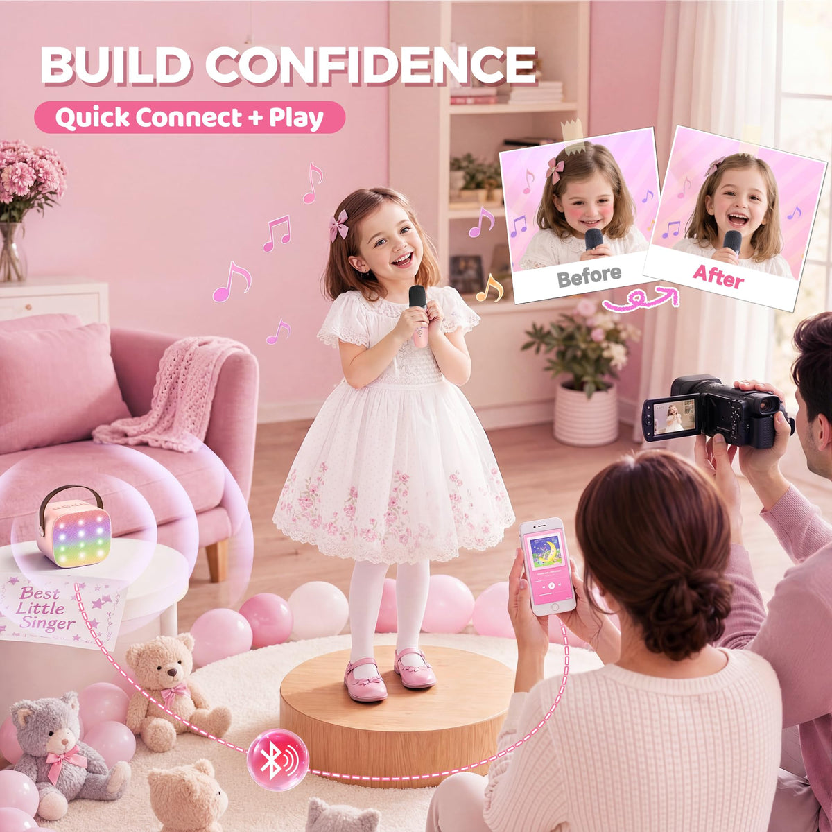 YLL Kids' Mini Karaoke Machine with 2 Wireless Microphones, Pink