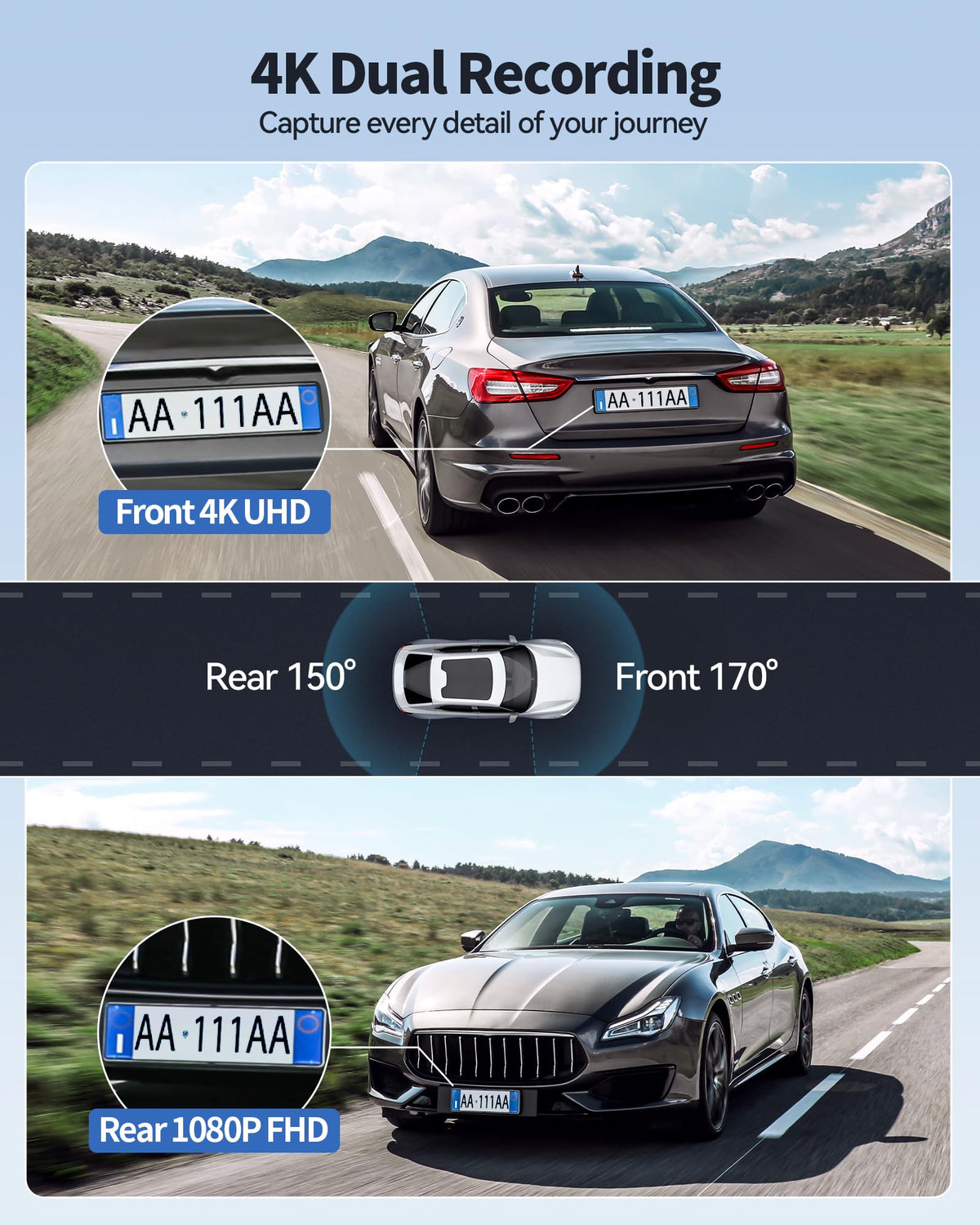 Kyltoor A4 4K Front and Rear Dash Cam with Wi-Fi, 32GB