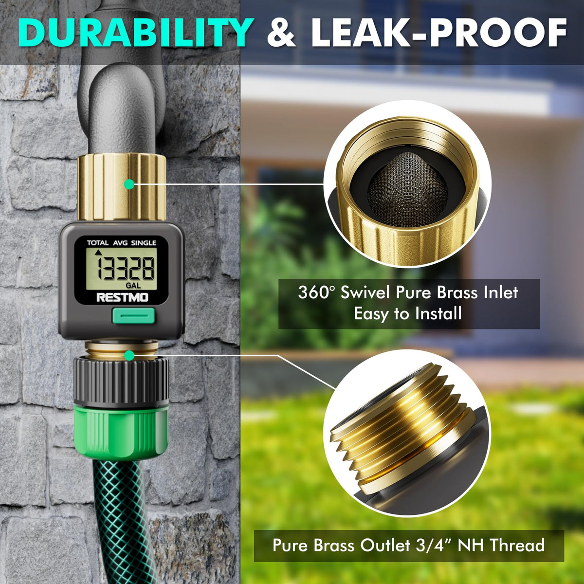 RESTMO Brass Water Flow Meter for Garden Hose