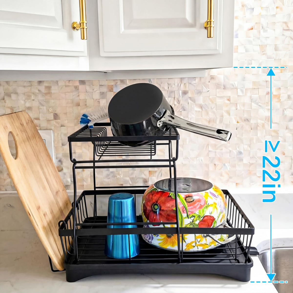 7 Code 2-Tier Large Dish Drying Rack with Drain Board, Black