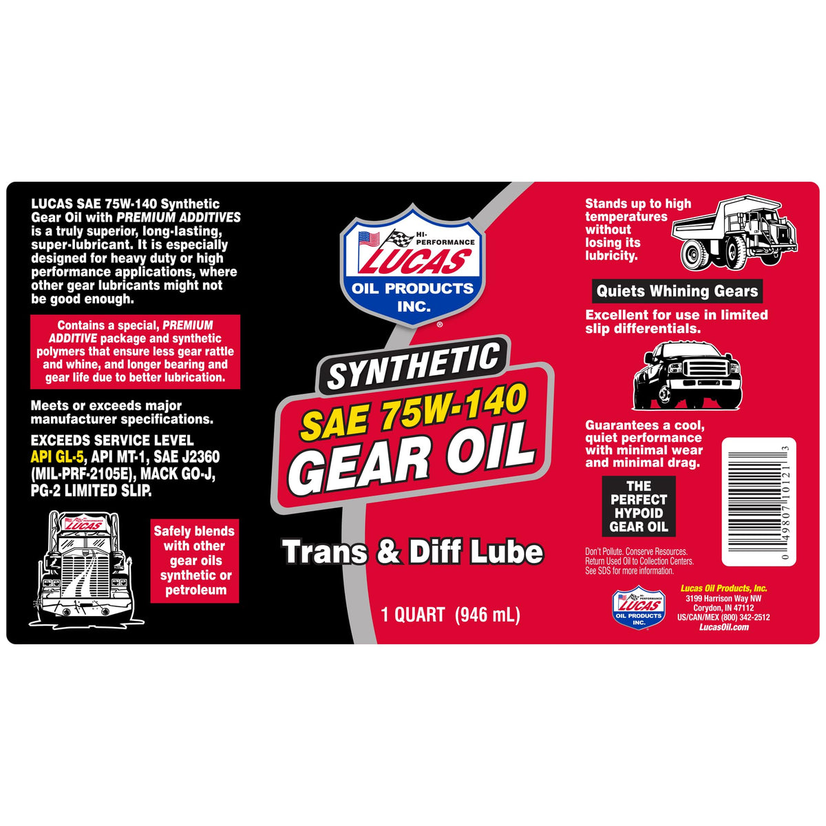 Lucas Oil 10121 SAE 75W-140 Synthetic Differential Lube, 1 Quart