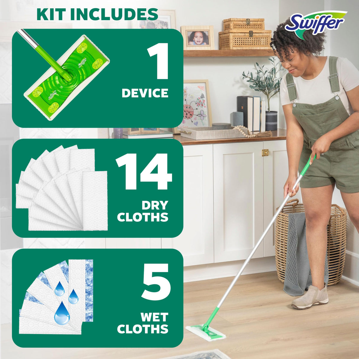 Swiffer Sweep + Mop Starter Kit, 1 Sweeper, 14 Dry Pads, 5 Wet Pads