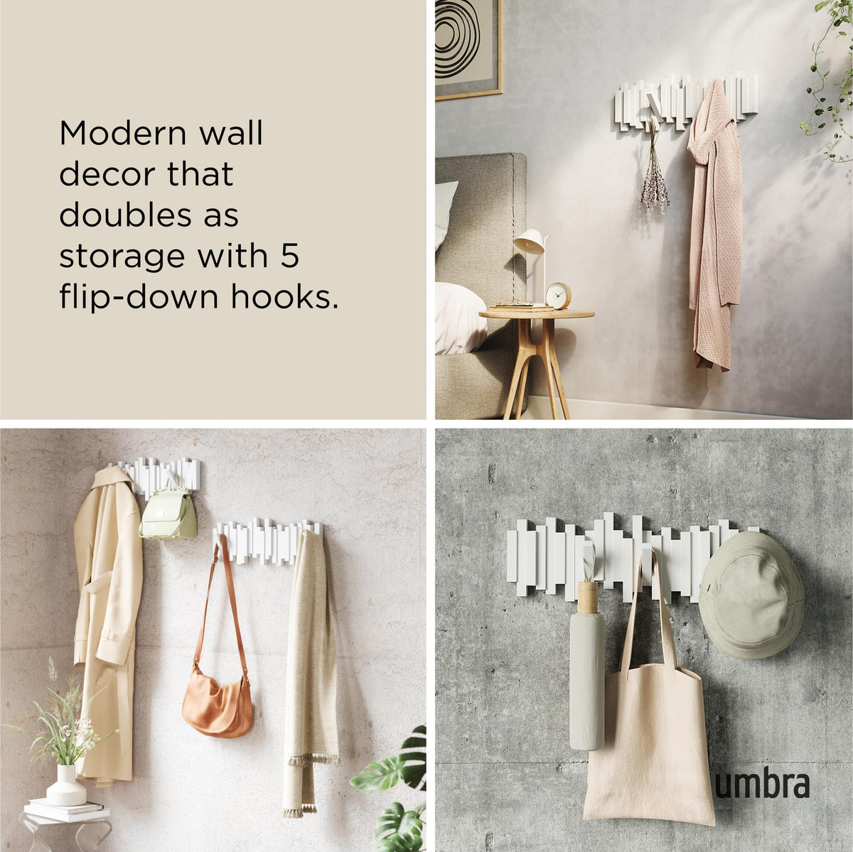 Umbra Sticks Wall-Mounted Coat Rack with 5 Retractable Pegs, White