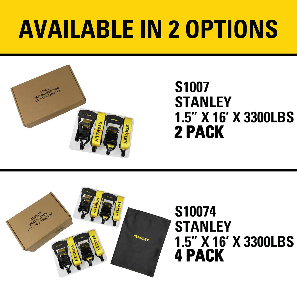 Stanley S1007 Ratchet Tie Down Straps, 1.5 in x 16 ft, 2 Pack