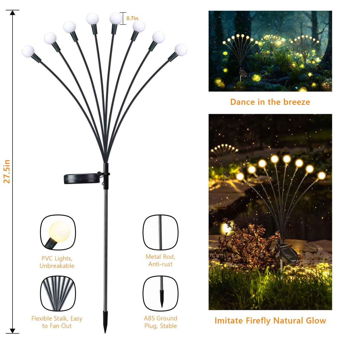 iBaycon Solar Firefly Pathway Lights, Warm White (8 Pack)