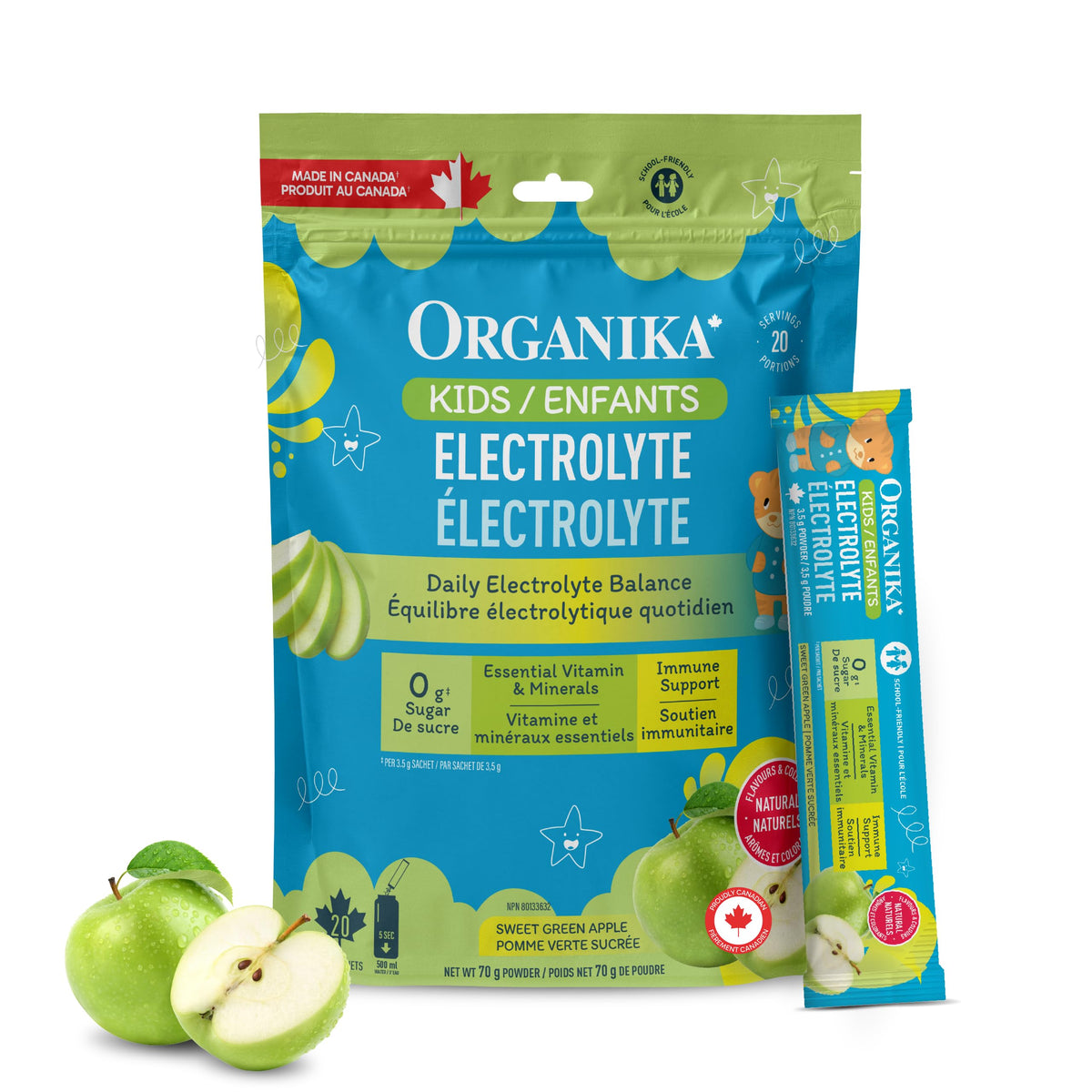 Organika Kids Electrolytes Powder Sticks, Green Apple, 20 Count