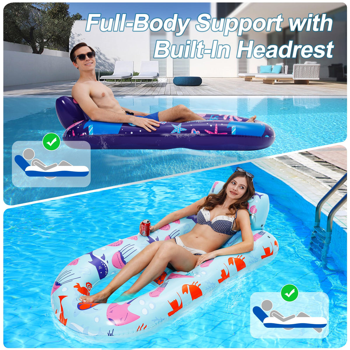 PuppyuWill Inflatable Pool Lounger Floats with Cup Holder (2 Pack)