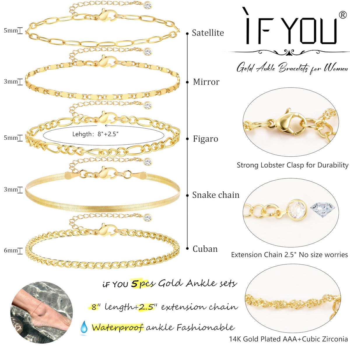 14K Gold-Plated Layered Anklet Set for Women, 5 Pieces, Adjustable