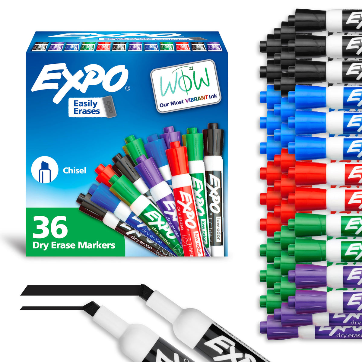 EXPO Low Odour Dry Erase Markers, Chisel Tip, Assorted, 36 Count