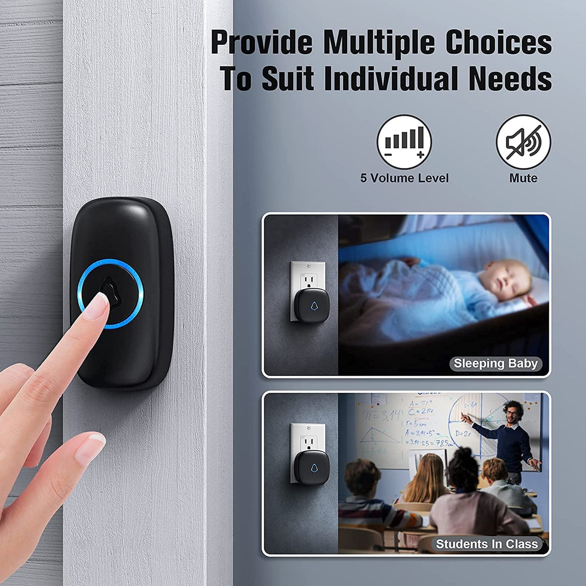 SECRUI Wireless Doorbell with 2 Receivers, Black