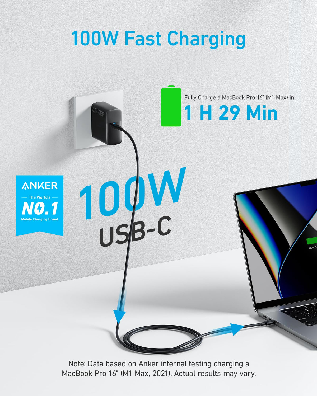 Anker 100W Foldable USB C MacBook Charger with 5FT Cable