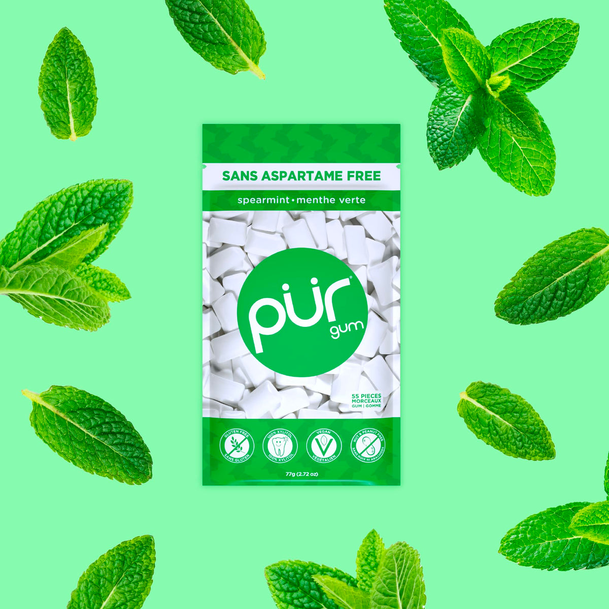 PUR Xylitol Spearmint Chewing Gum, 55 Pieces, Pack of 6