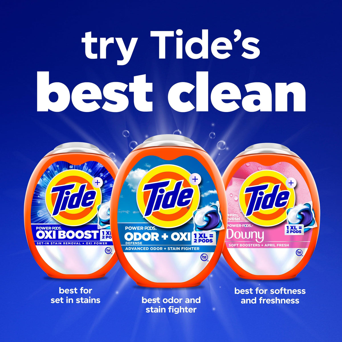Tide Odour + Oxi Laundry Detergent Pacs, Original Scent, 63 Count