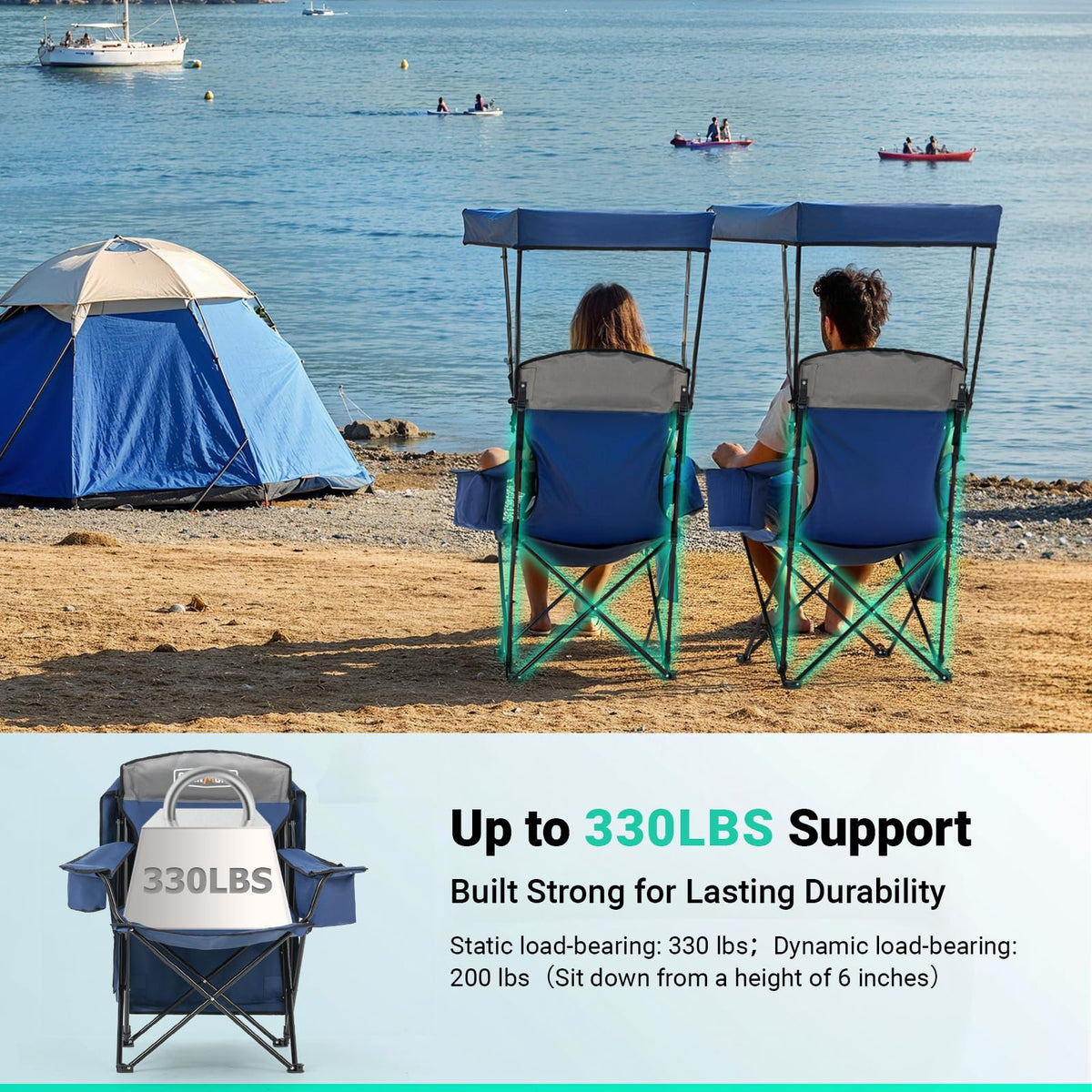 Overmont Folding Beach Chair with Canopy and Cooler, Blue, 2pcs