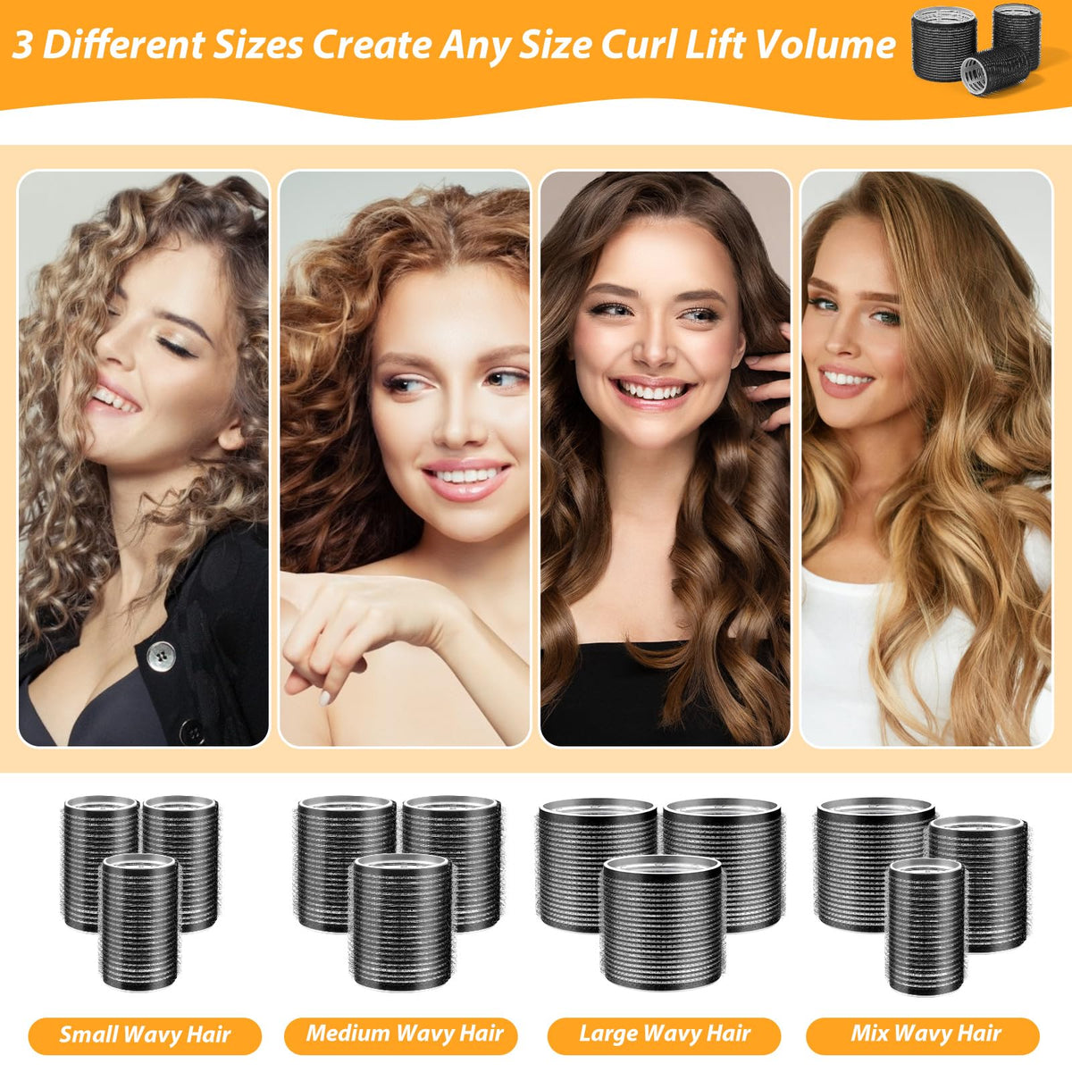 Self Grip Hair Rollers Set, 39PCS, 3 Sizes, with 12PCS Duckbill Clips