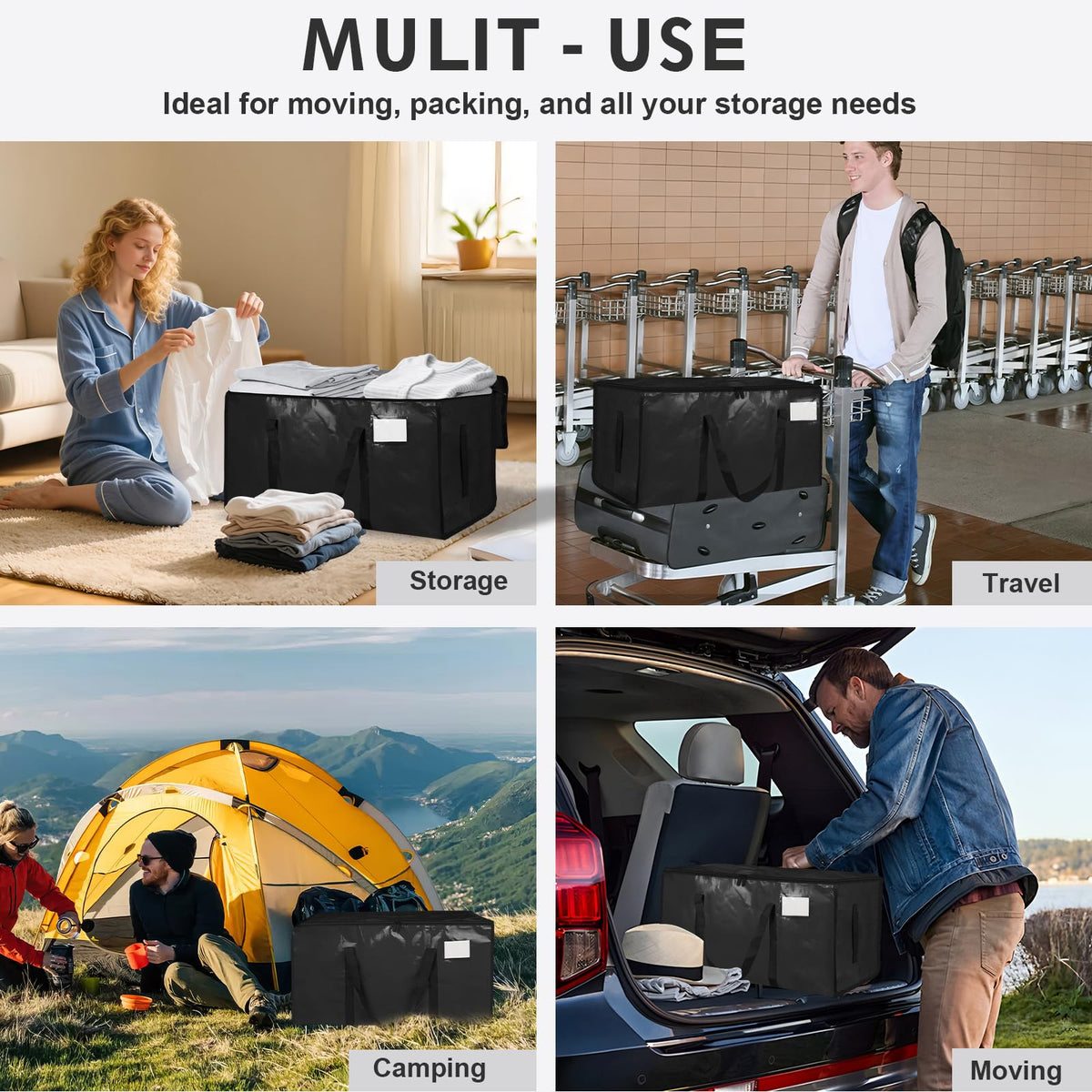 Extra Large Heavy Duty Moving Bags with Zippers, Black (6 Pack)