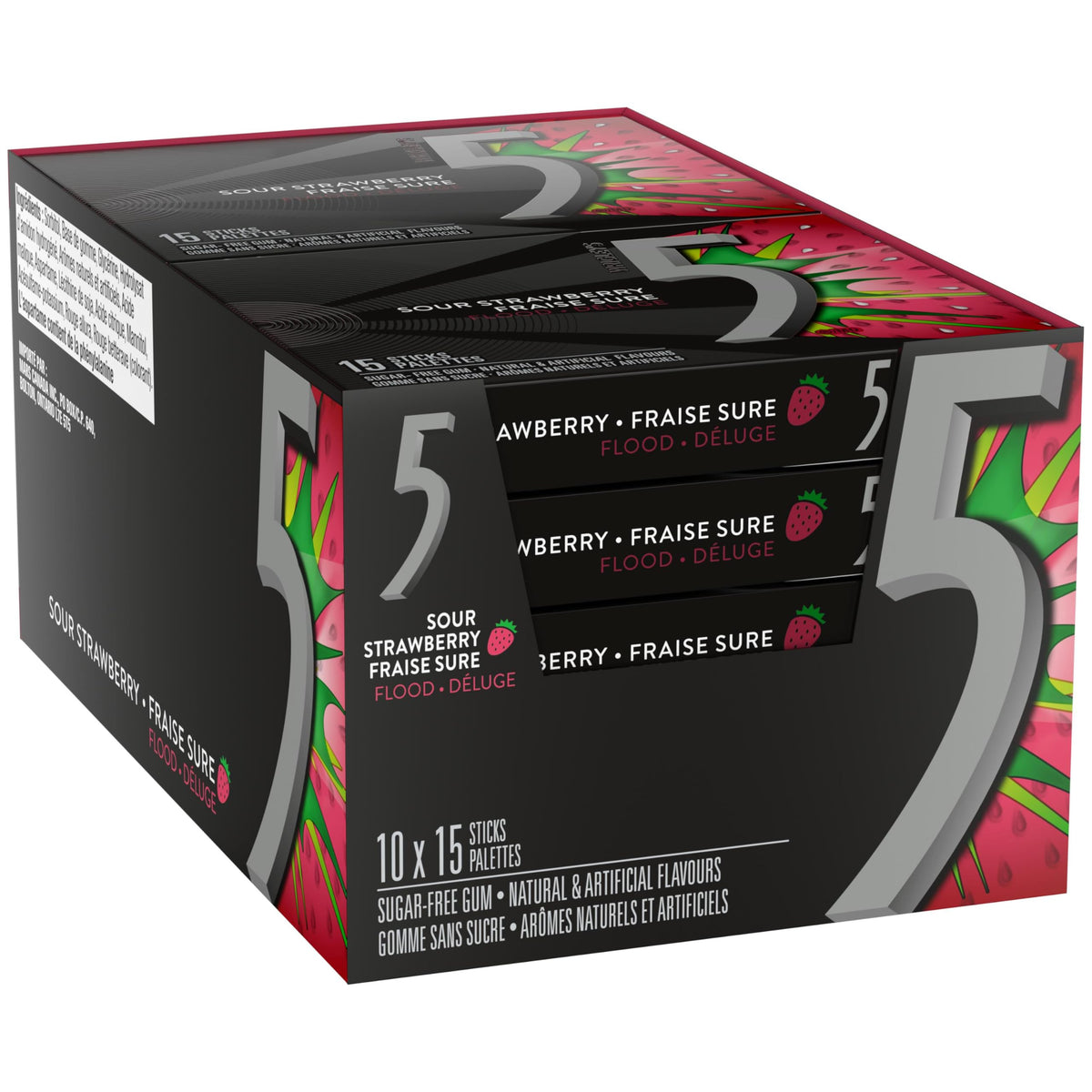 5 Gum Strawberry-Flood Sugar Free Chewing Gum, 15 Sticks, 10 Packs