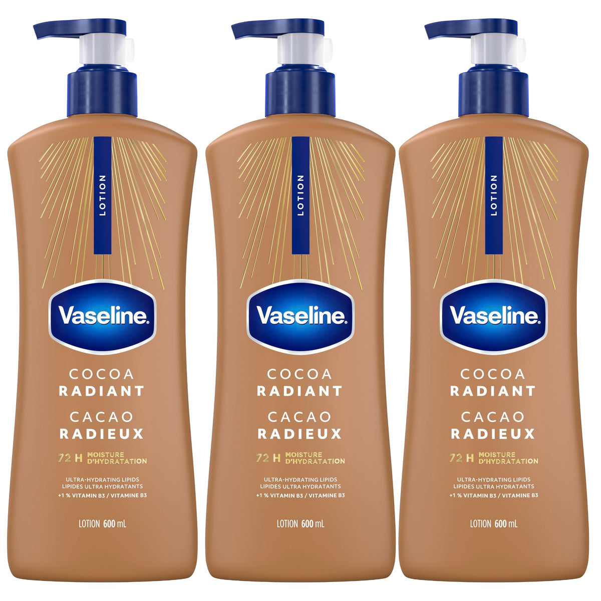 Vaseline Cocoa Radiant Lotion, Ultra-Hydrating, 600mL, 3 Pack
