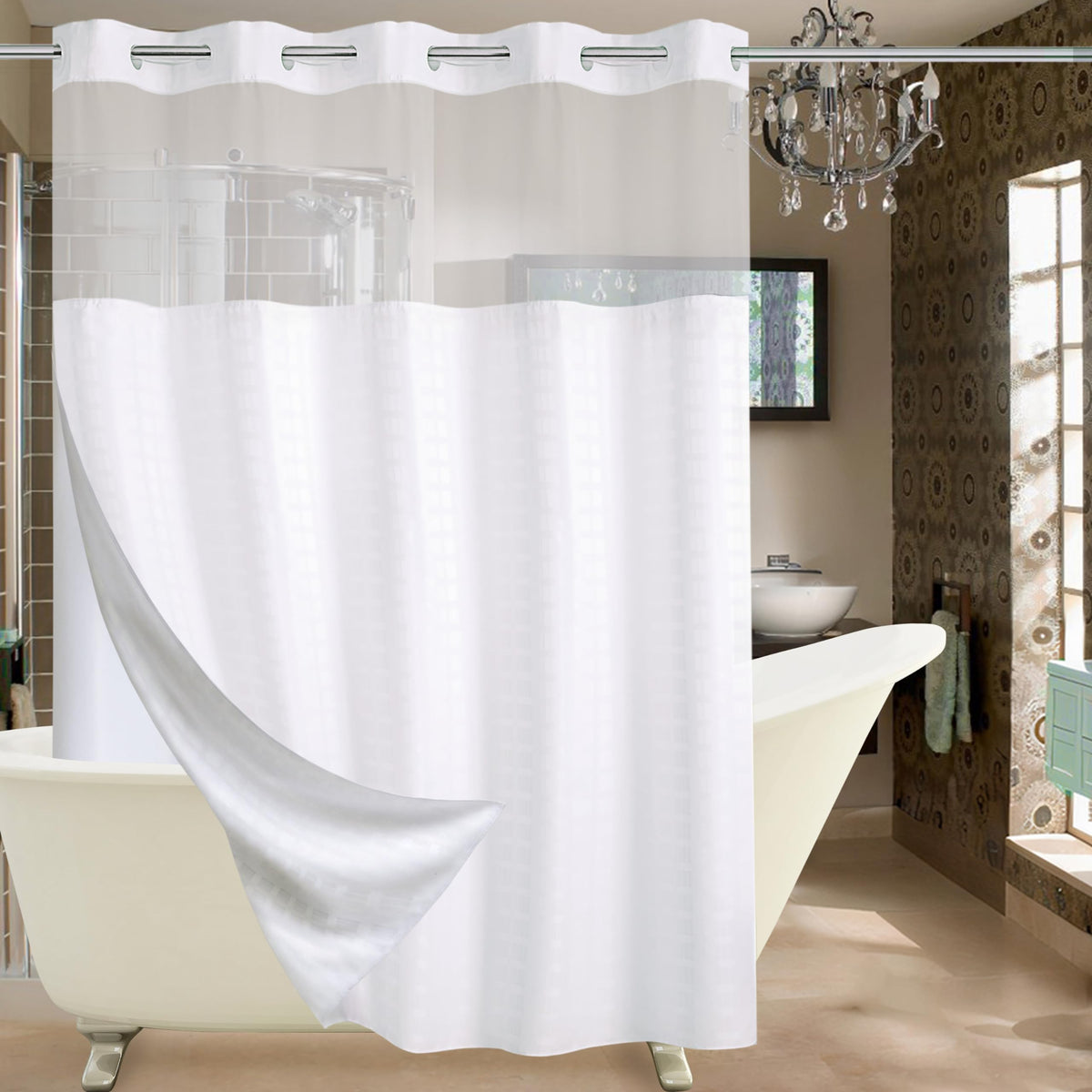 Conbo Mio Hotel Style Fabric Shower Curtain, 71 x 74 in, White Check