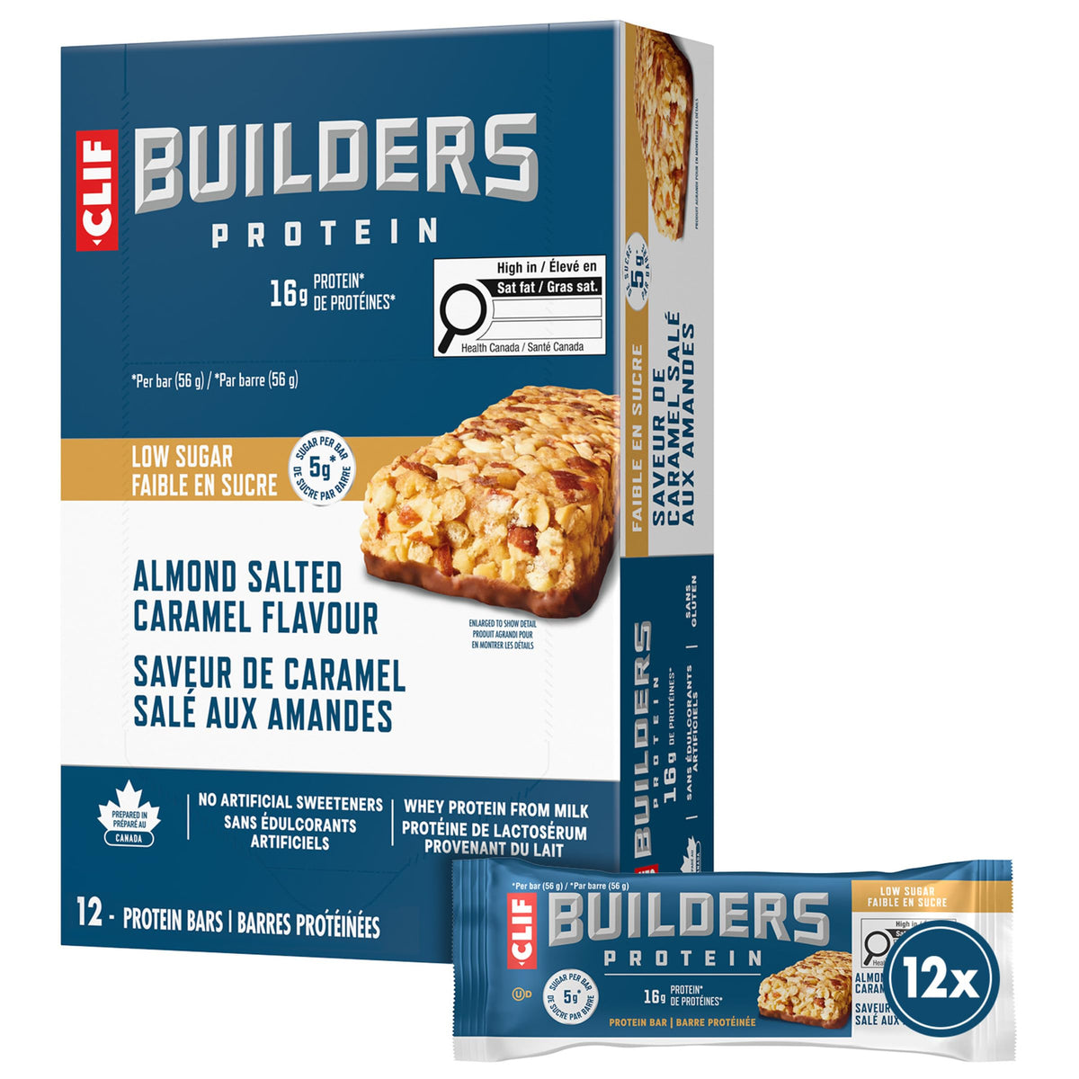 Clif Builders Low Sugar Protein Bars, Almond Salted Caramel, 12 Bars