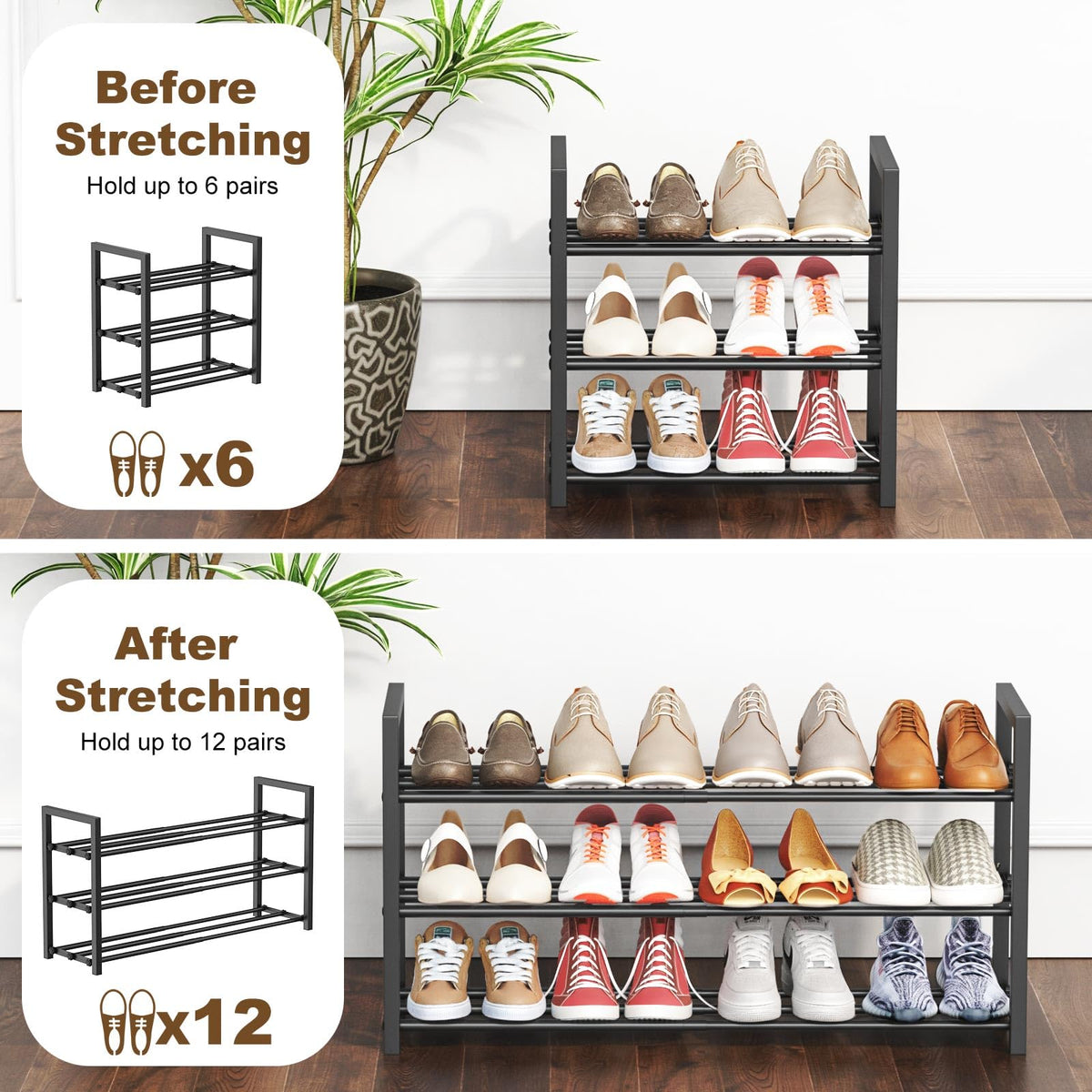 Roylvan 3-Tier Expandable Shoe Rack, 17-31 inch, Adjustable